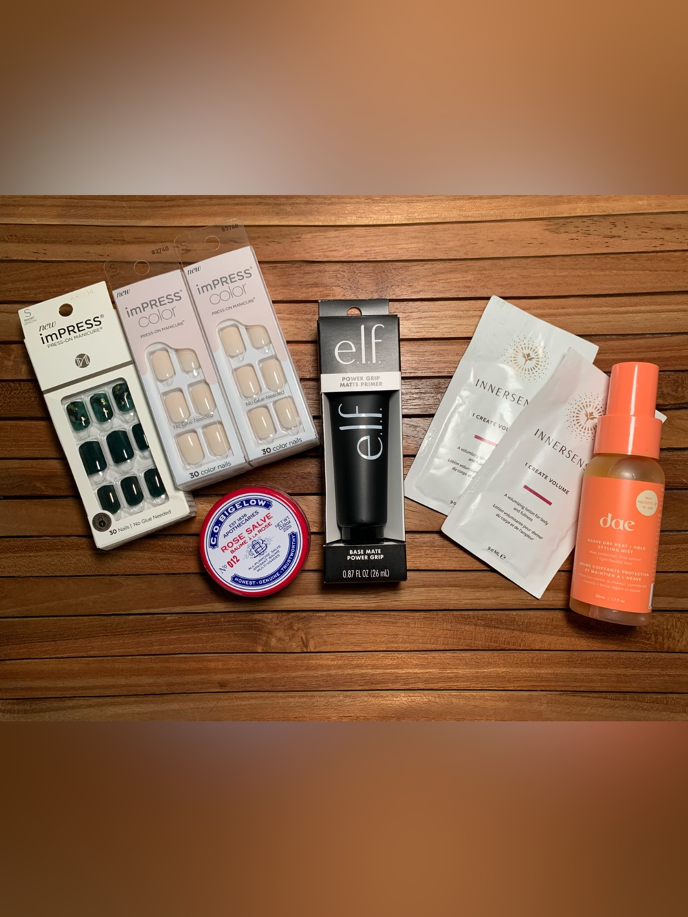 Nails, Hair, Face bundle impress, e.l.f. Primer, dae, innersence and bigelow